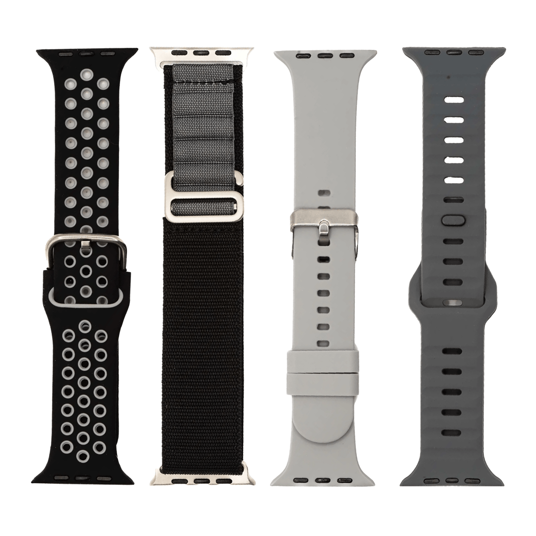 BluShark Bundle Large Apple Watch & ULTRA (42/44/45mm) / Groove Gray - Multiloop B&G - Silicone Solid Gray - Silicone Sport B&G Apple Band - Monochrome - Essentials - 4 Pack Bundle