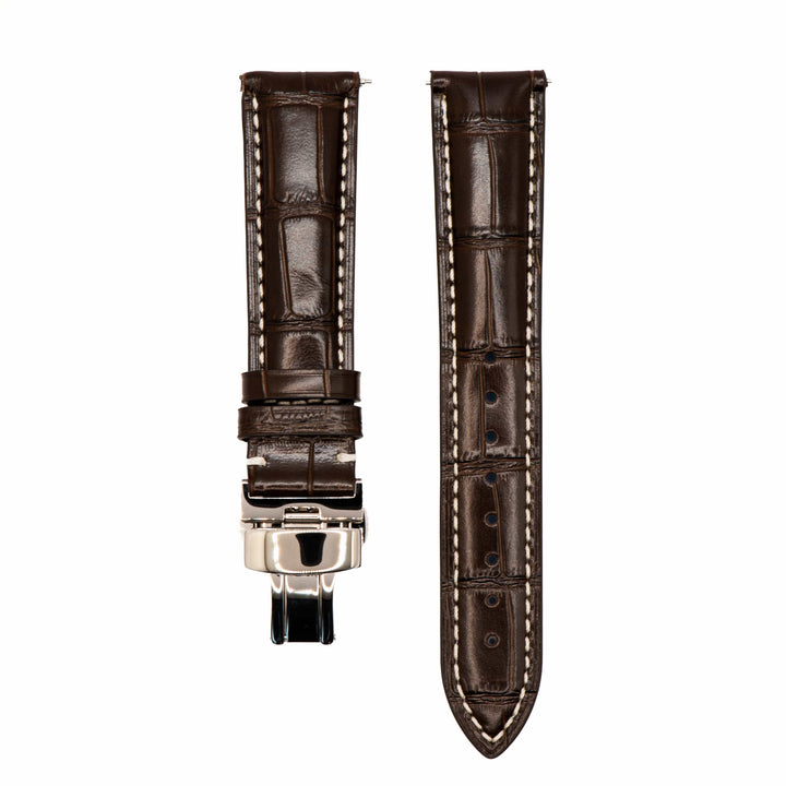 BluShark 18mm / S/M Leather - Crocodile Grain Chocolate - Butterfly Clasp