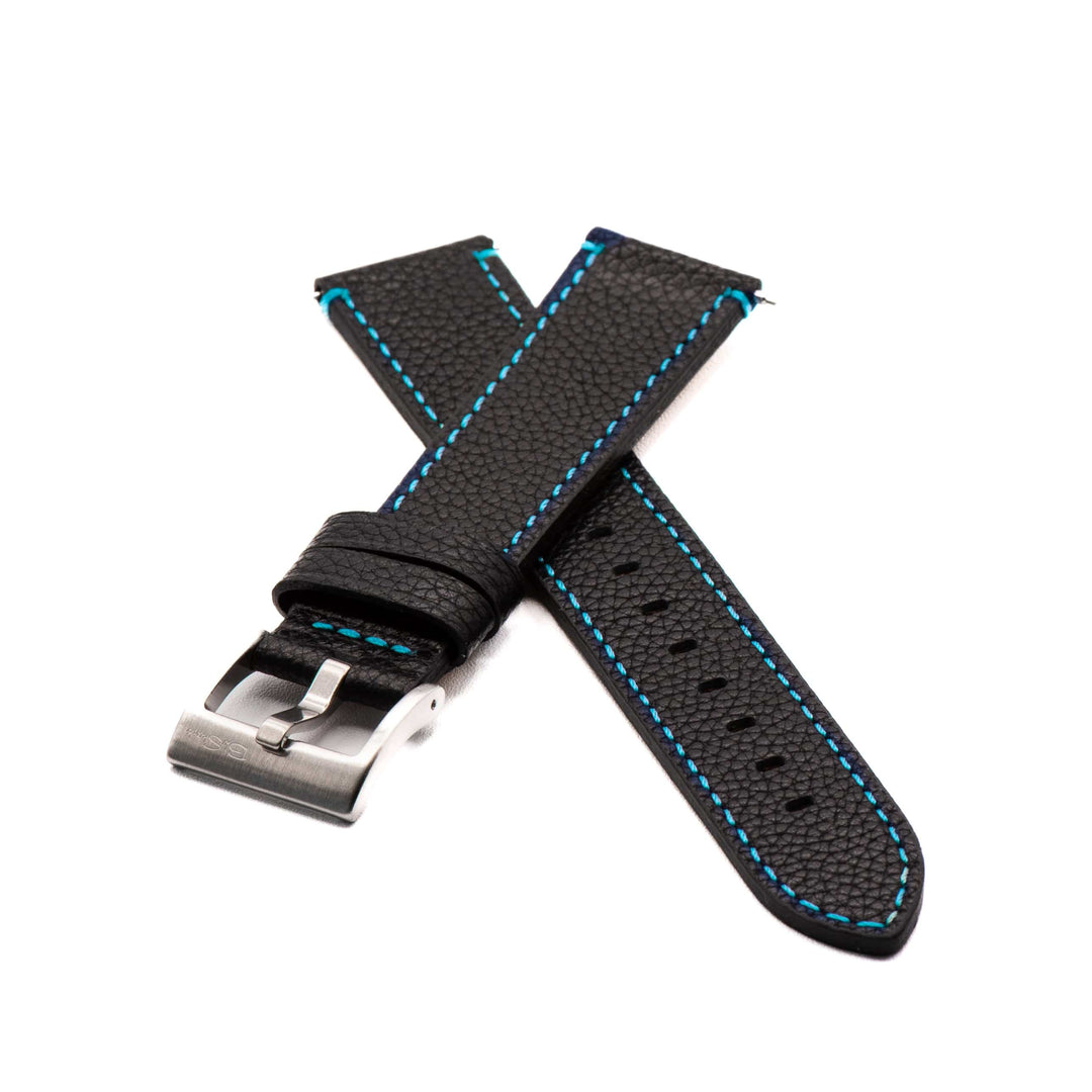 BluShark Leather 22mm Leather - Contrast Stitch Black with Bright Blue