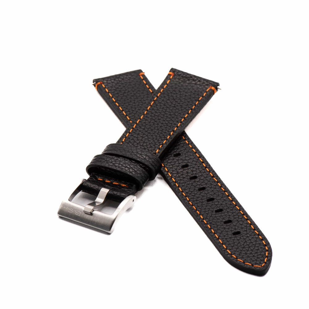 BluShark Leather 20mm Leather - Contrast Stitch Black with Orange