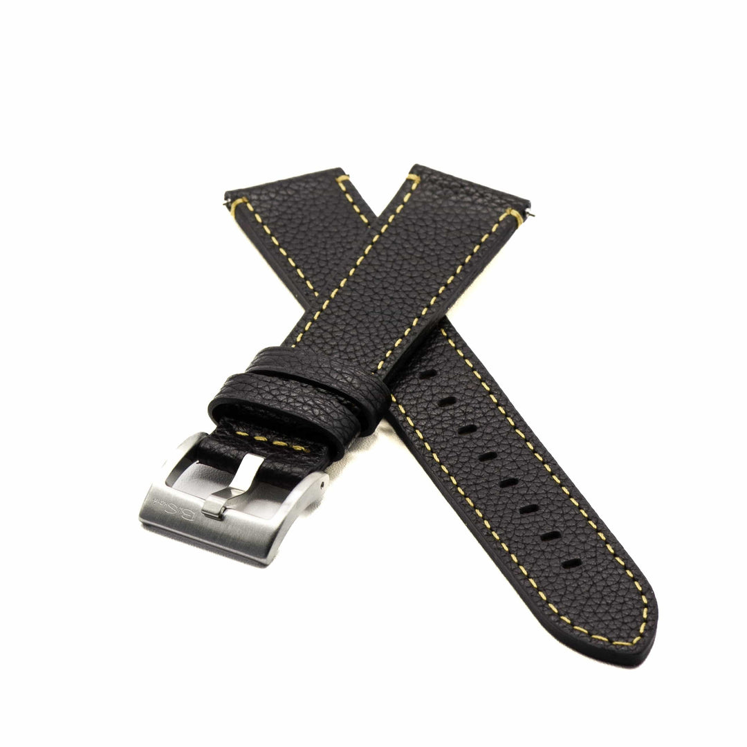 BluShark Leather 22mm Leather - Contrast Stitch Black with Yellow